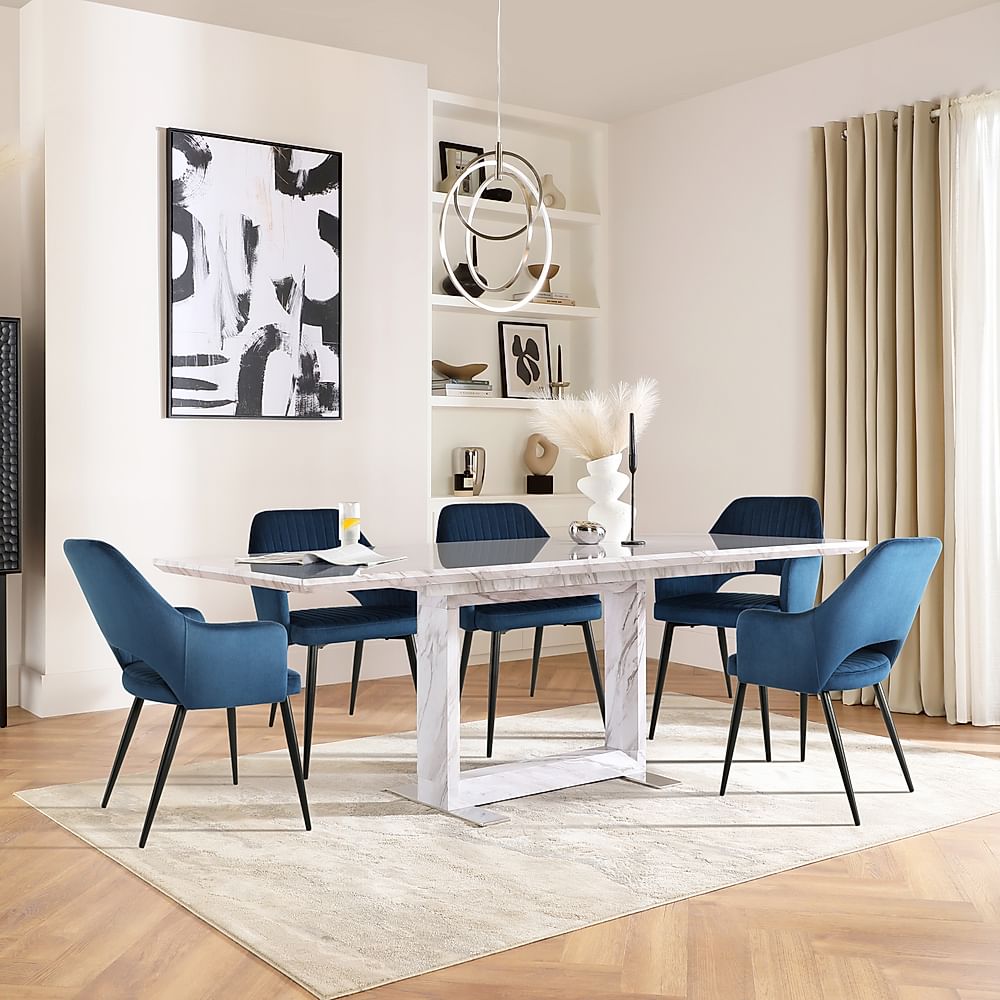 Tokyo Extending Dining Table & 6 Clara Chairs, Grey Marble Effect, Blue Classic Velvet & Black Steel, 180-220cm