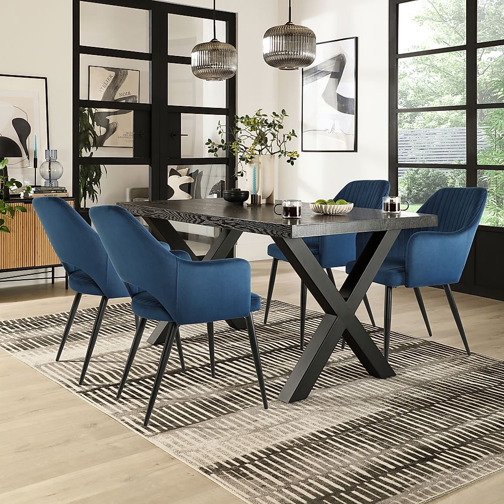 Franklin Dining Table & 4 Clara Chairs, Black Oak Effect & Black Steel, Blue Classic Velvet, 180-220cm