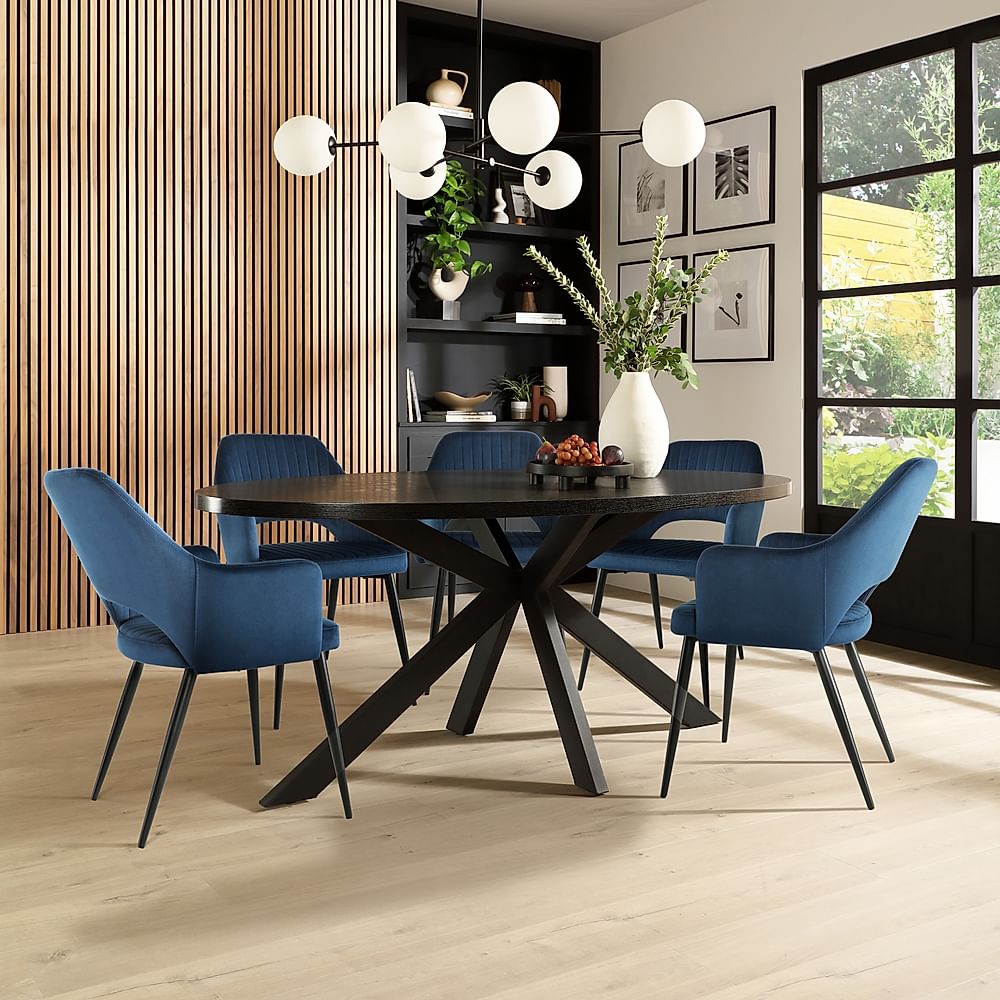 Madison Oval Dining Table & 6 Clara Chairs, Black Oak Effect & Black Steel, Blue Classic Velvet, 180-220cm