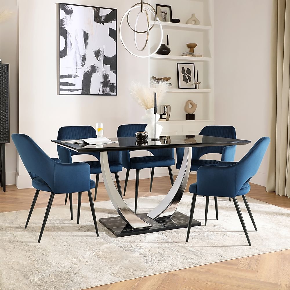 Peake Dining Table & 6 Clara Chairs, Black Marble Effect & Chrome, Blue Classic Velvet & Black Steel, 160cm