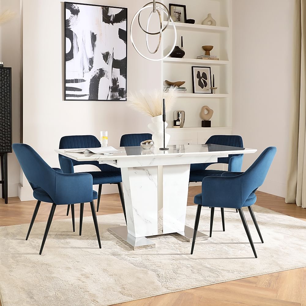 Vienna Extending Dining Table & 4 Clara Chairs, White Marble Effect, Blue Classic Velvet & Black Steel, 120-160cm