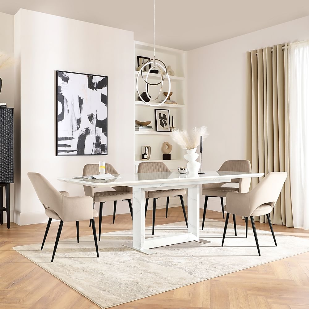 Tokyo Extending Dining Table & 4 Clara Chairs, White Marble Effect, Champagne Classic Velvet & Black Steel, 180-220cm