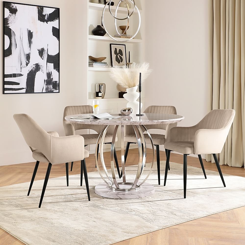 Savoy Round Dining Table & 4 Clara Chairs, Grey Marble Effect & Chrome, Champagne Classic Velvet & Black Steel, 180-220cm
