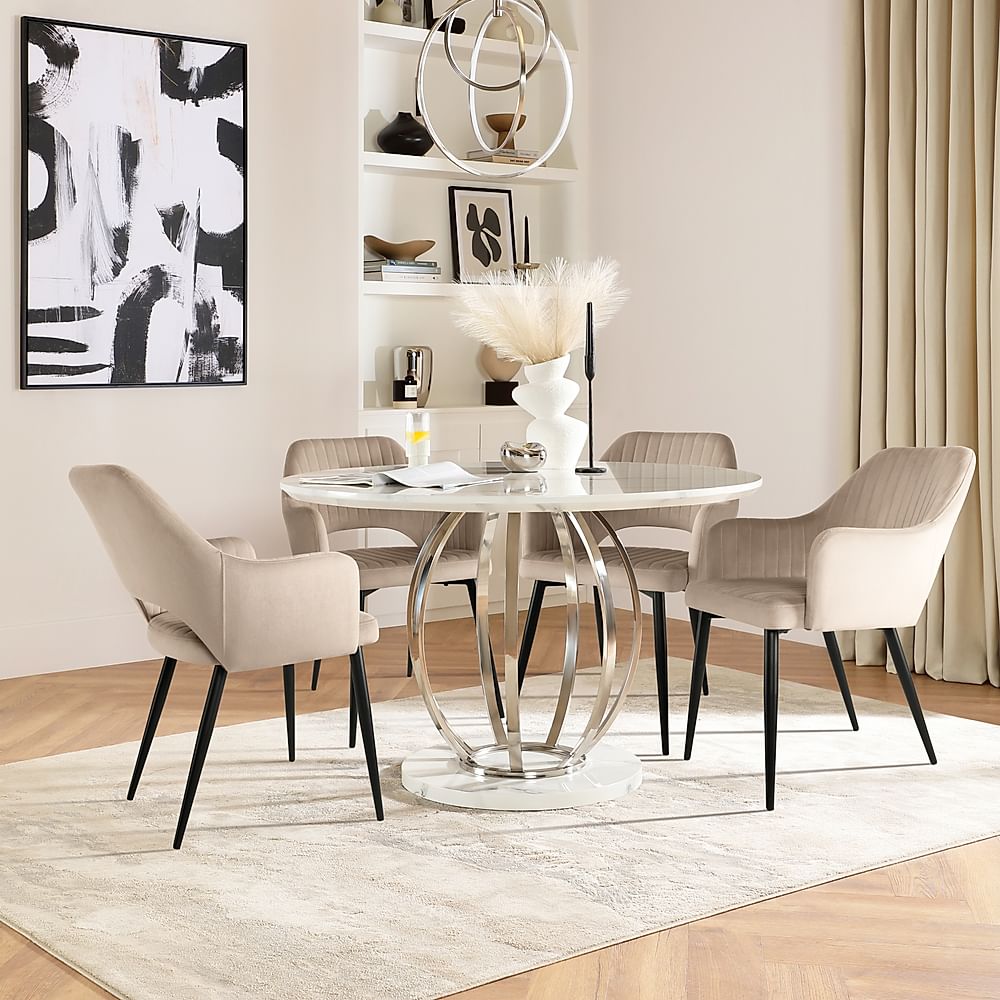 Savoy Round Dining Table & 4 Clara Chairs, White Marble Effect & Chrome, Champagne Classic Velvet & Black Steel, 180-220cm