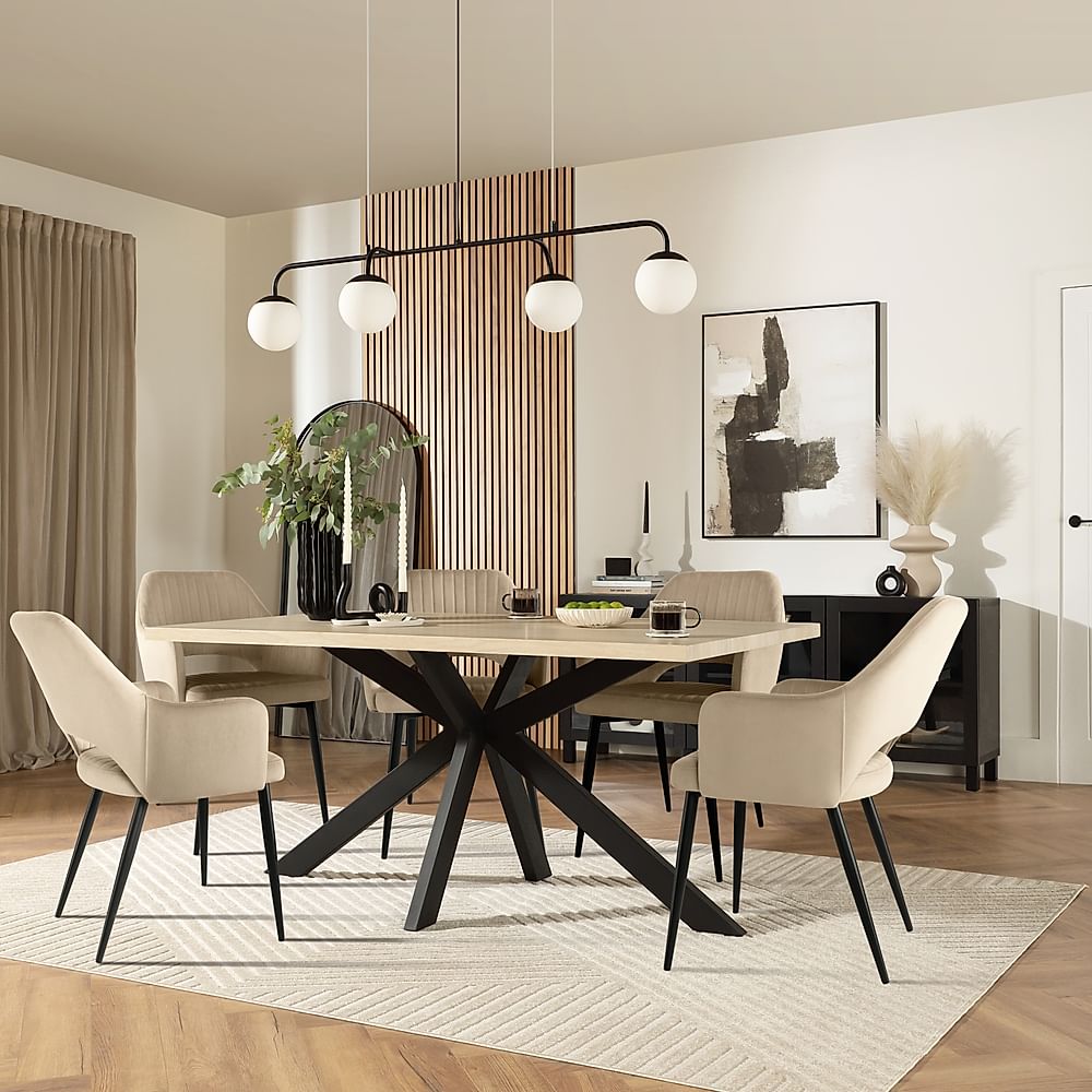 Madison Dining Table & 4 Clara Chairs, Light Oak Effect & Black Steel, Champagne Classic Velvet, 180-220cm