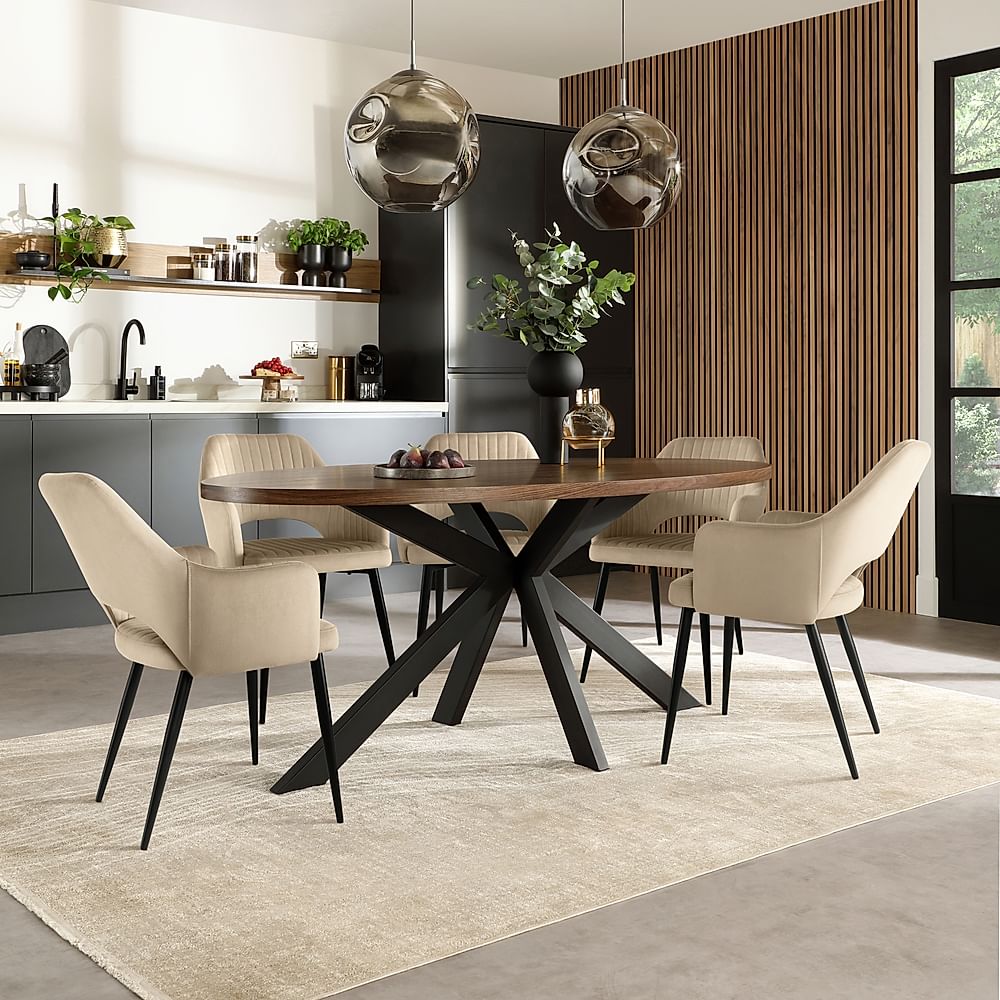 Madison Oval Industrial Dining Table & 6 Clara Chairs, Walnut Effect & Black Steel, Champagne Classic Velvet, 180-220cm