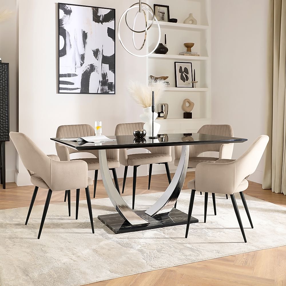 Peake Dining Table & 6 Clara Chairs, Black Marble Effect & Chrome, Champagne Classic Velvet & Black Steel, 180-220cm