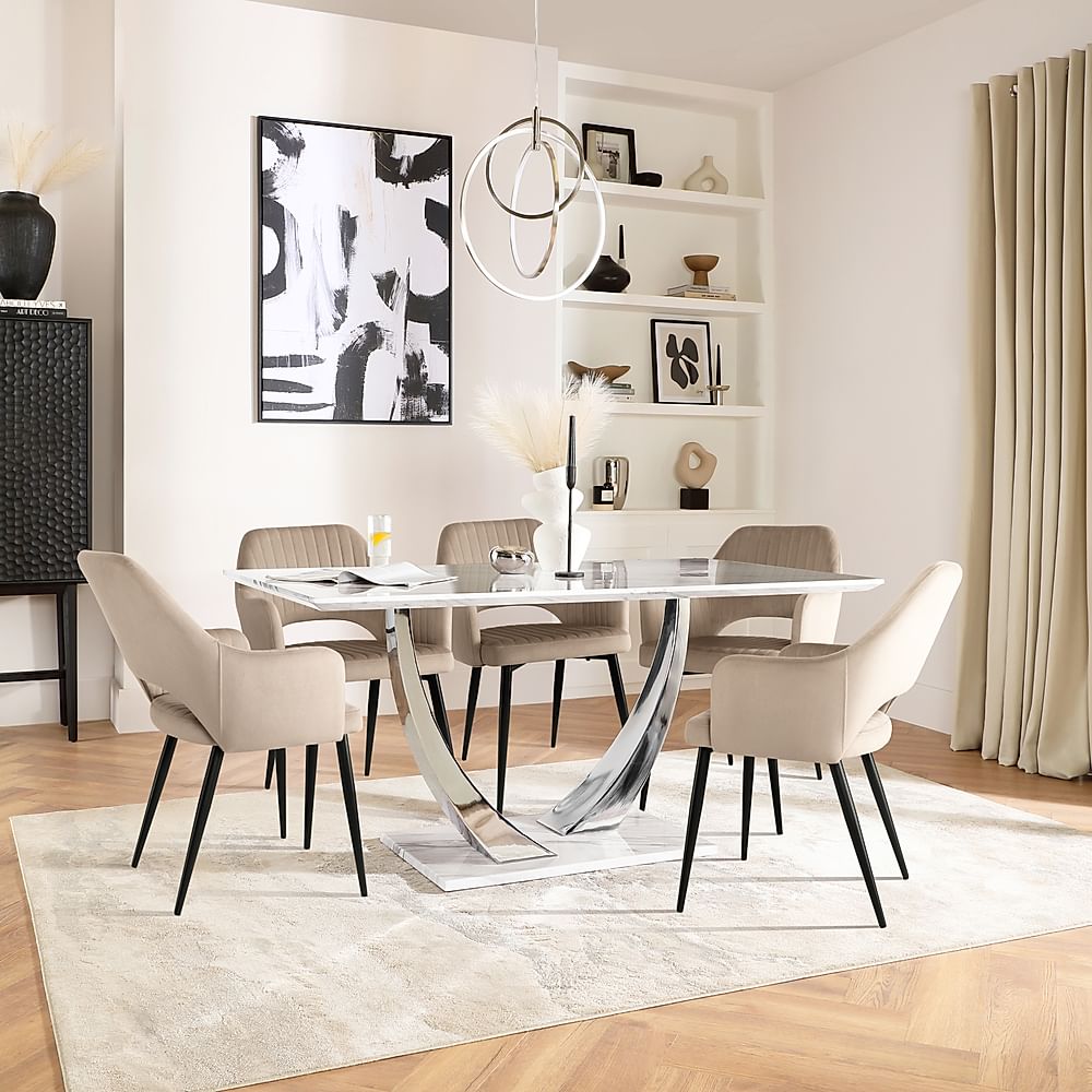 Peake Dining Table & 4 Clara Chairs, White Marble Effect & Chrome, Champagne Classic Velvet & Black Steel, 180-220cm