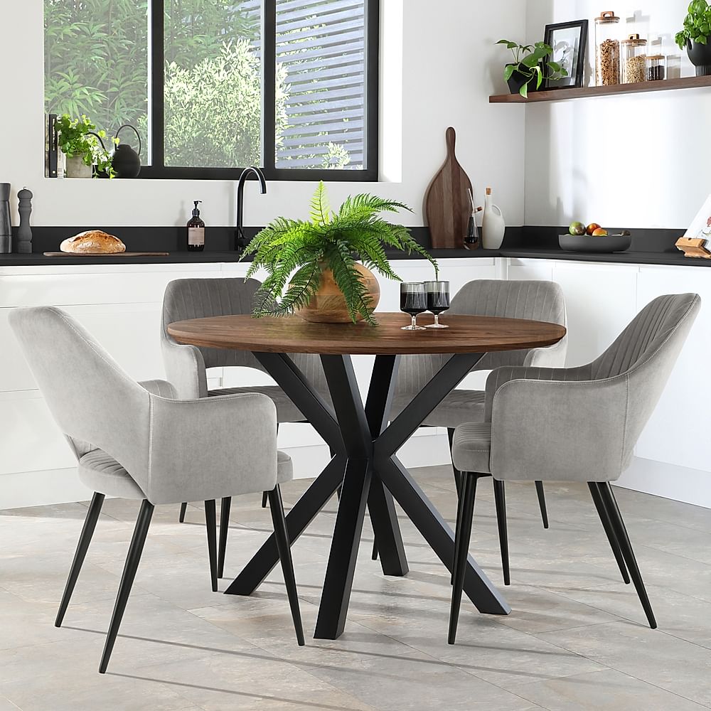 Newark Round Industrial Dining Table & 4 Clara Chairs, Walnut Effect & Black Steel, Grey Classic Velvet, 180-220cm
