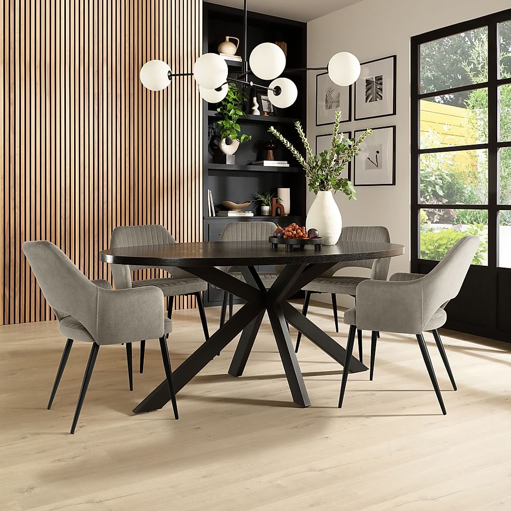 Madison Oval Dining Table & 4 Clara Chairs, Black Oak Effect & Black Steel, Grey Classic Velvet, 180-220cm