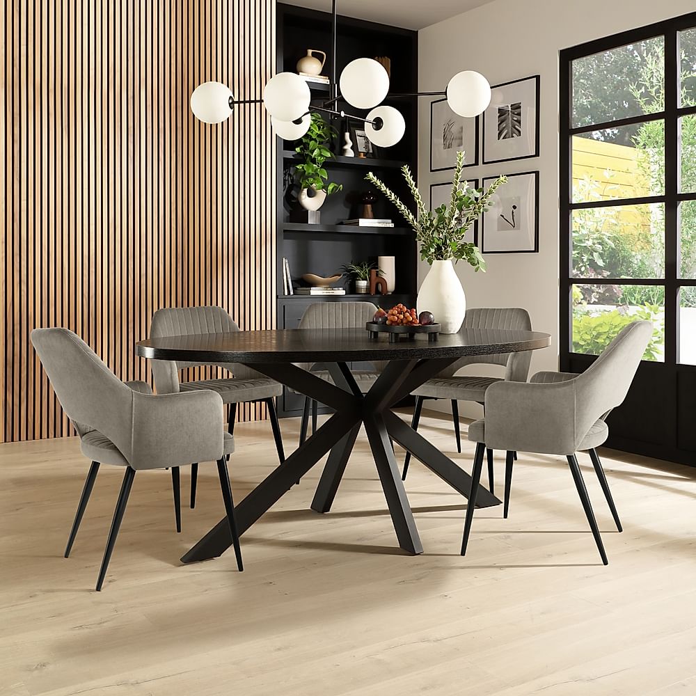Madison Oval Dining Table & 6 Clara Chairs, Black Oak Effect & Black Steel, Grey Classic Velvet, 180cm