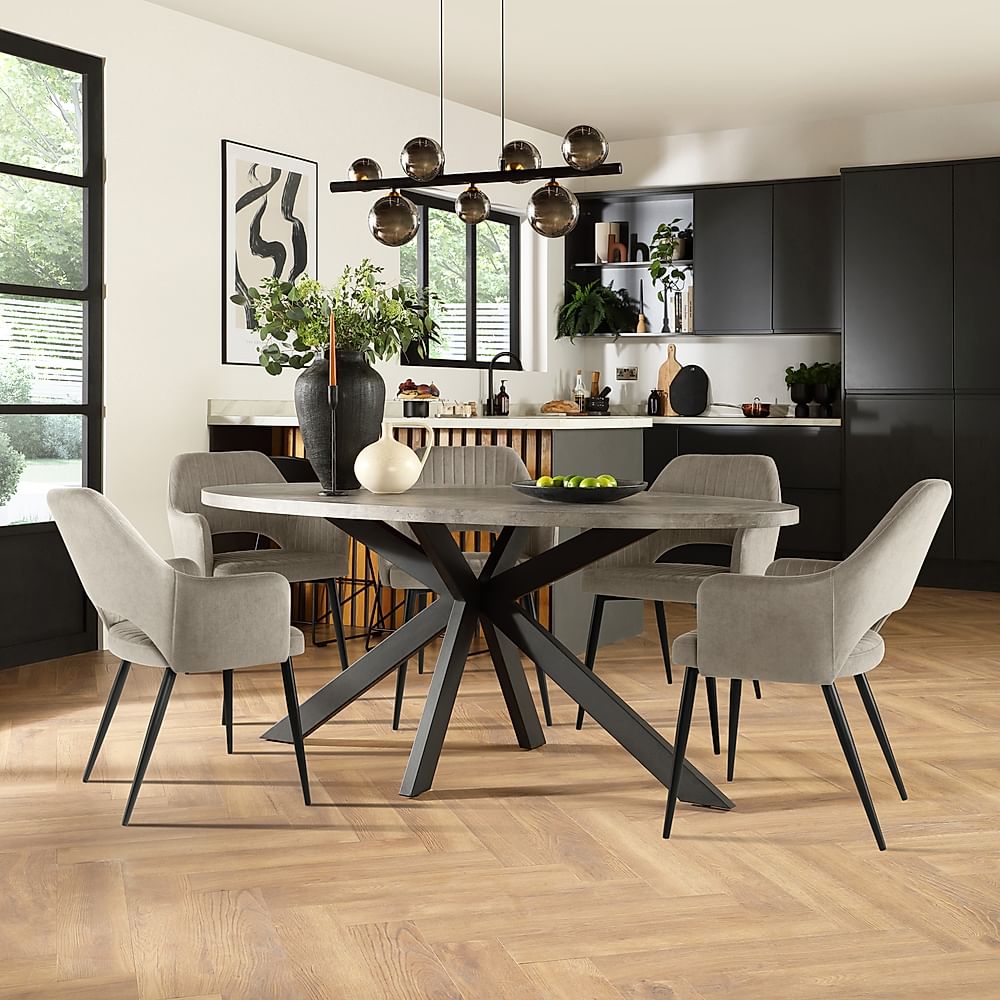 Madison Oval Industrial Dining Table & 6 Clara Chairs, Grey Concrete Effect & Black Steel, Grey Classic Velvet, 180-220cm