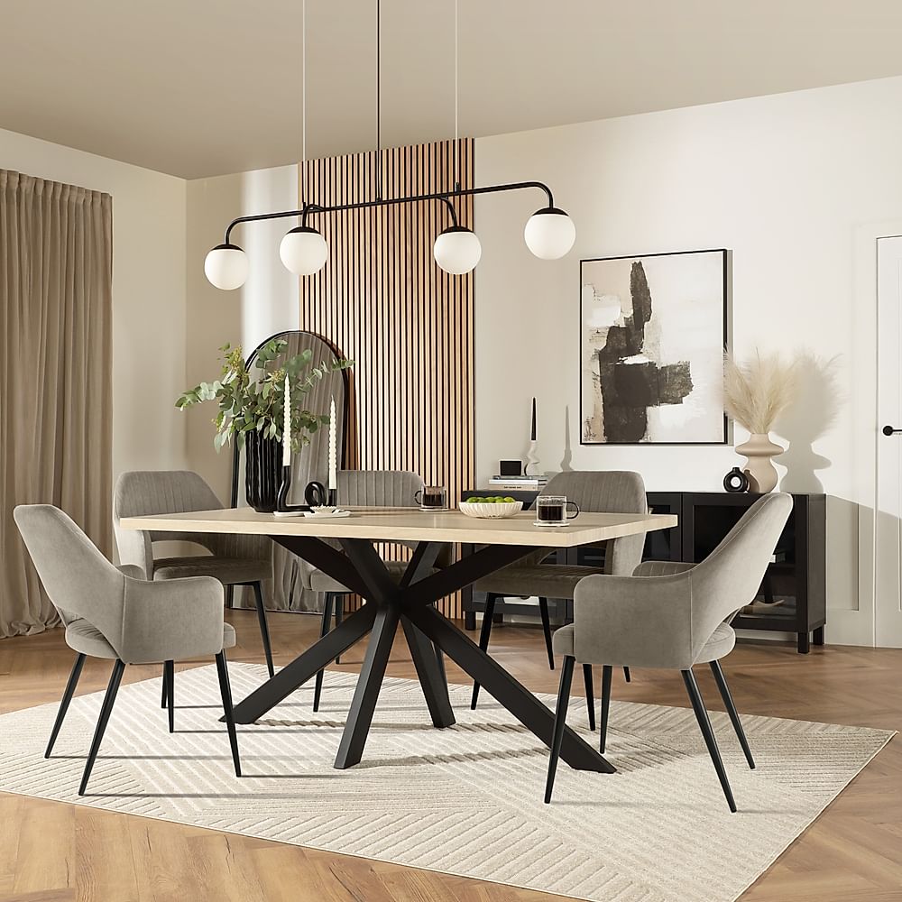 Madison Dining Table & 4 Clara Chairs, Light Oak Effect & Black Steel, Grey Classic Velvet, 180-220cm