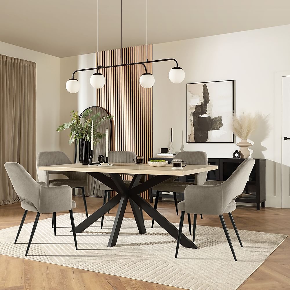 Madison Dining Table & 6 Clara Chairs, Light Oak Effect & Black Steel, Grey Classic Velvet, 180-220cm