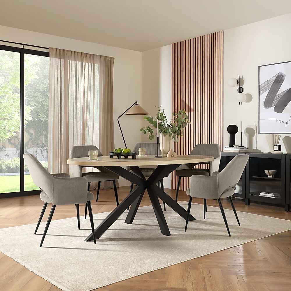 Madison Oval Dining Table & 4 Clara Chairs, Light Oak Effect & Black Steel, Grey Classic Velvet, 180-220cm