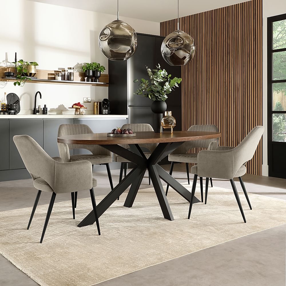 Madison Oval Industrial Dining Table & 4 Clara Chairs, Walnut Effect & Black Steel, Grey Classic Velvet, 180-220cm