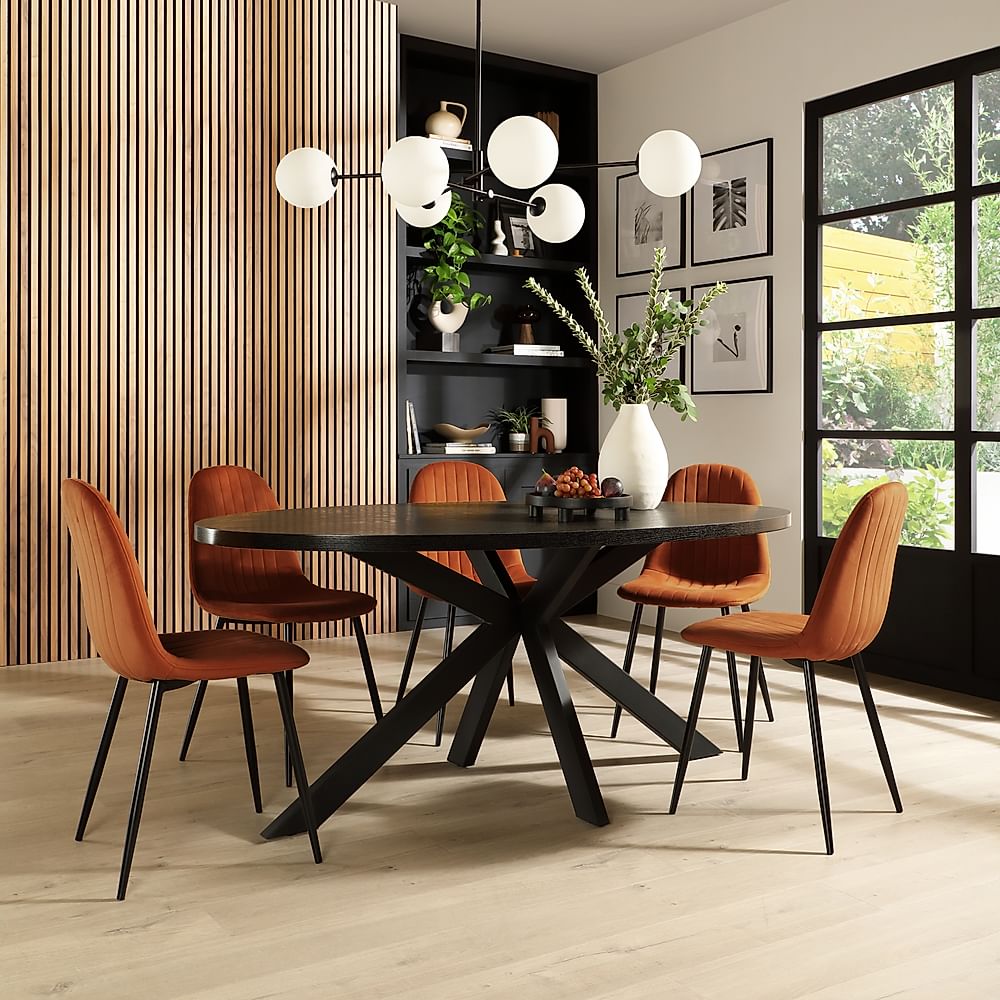 Madison Oval Dining Table & 6 Brooklyn Chairs, Black Oak Effect & Black Steel, Burnt Orange Classic Velvet, 180cm