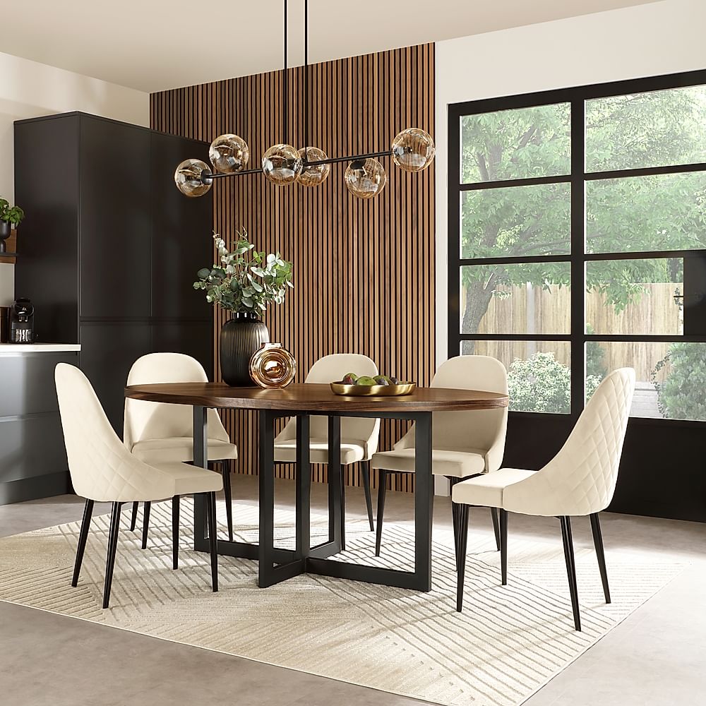 Newbury Oval Industrial Dining Table & 6 Ricco Chairs, Walnut Effect & Black Steel, Ivory Classic Plush Fabric, 180cm