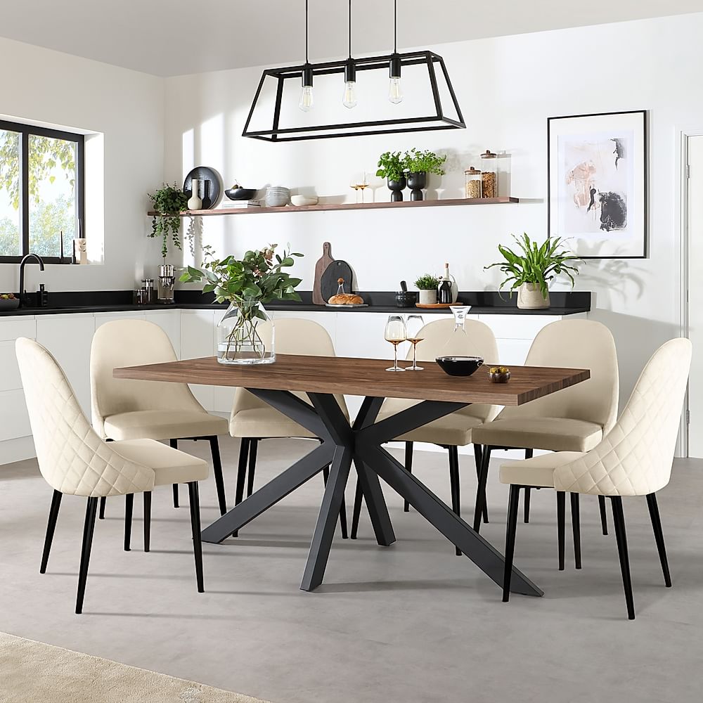 Madison Industrial Dining Table & 6 Ricco Chairs, Walnut Effect & Black Steel, Ricco Ivory Classic Plush Fabric, 160cm