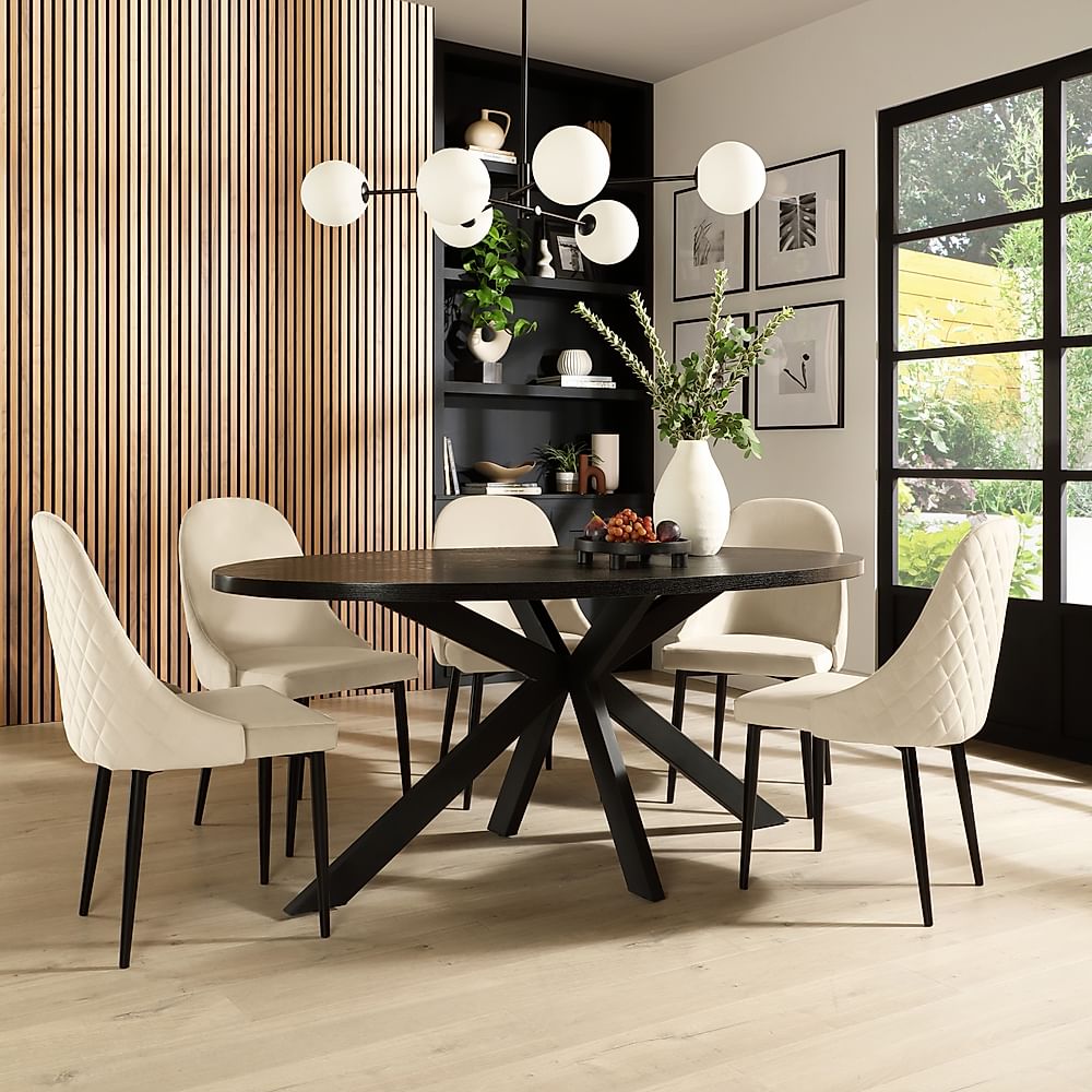 Madison Oval Dining Table & 4 Ricco Chairs, Black Oak Effect & Black Steel, Ivory Classic Plush Fabric, 160cm