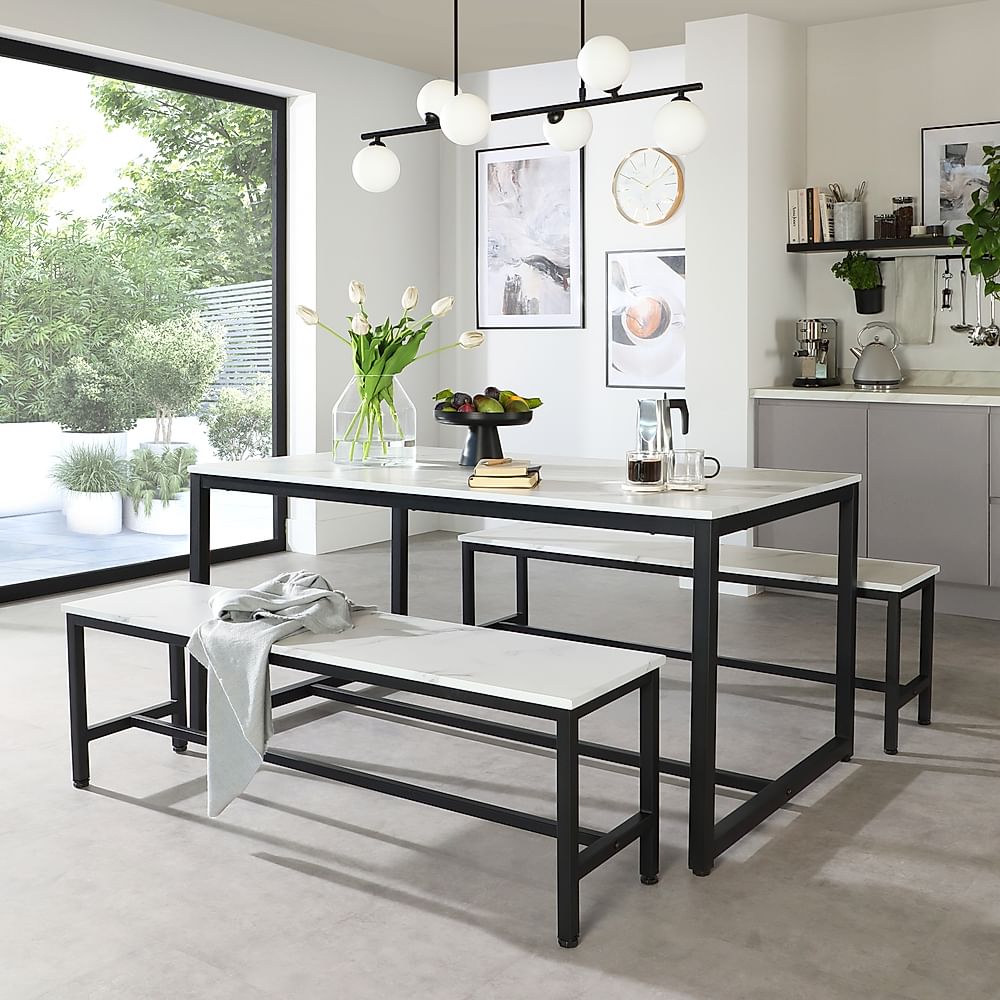 Avenue Dining Table & 2 Benches, White Marble Effect & Black Steel, 160cm