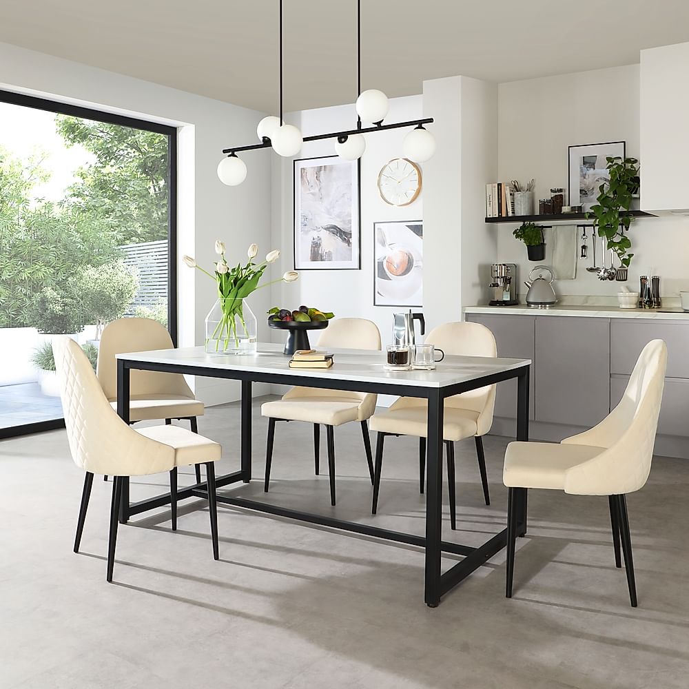 Avenue Dining Table & 4 Ricco Chairs, White Marble Effect & Black Steel, Ivory Classic Plush Fabric, 160cm