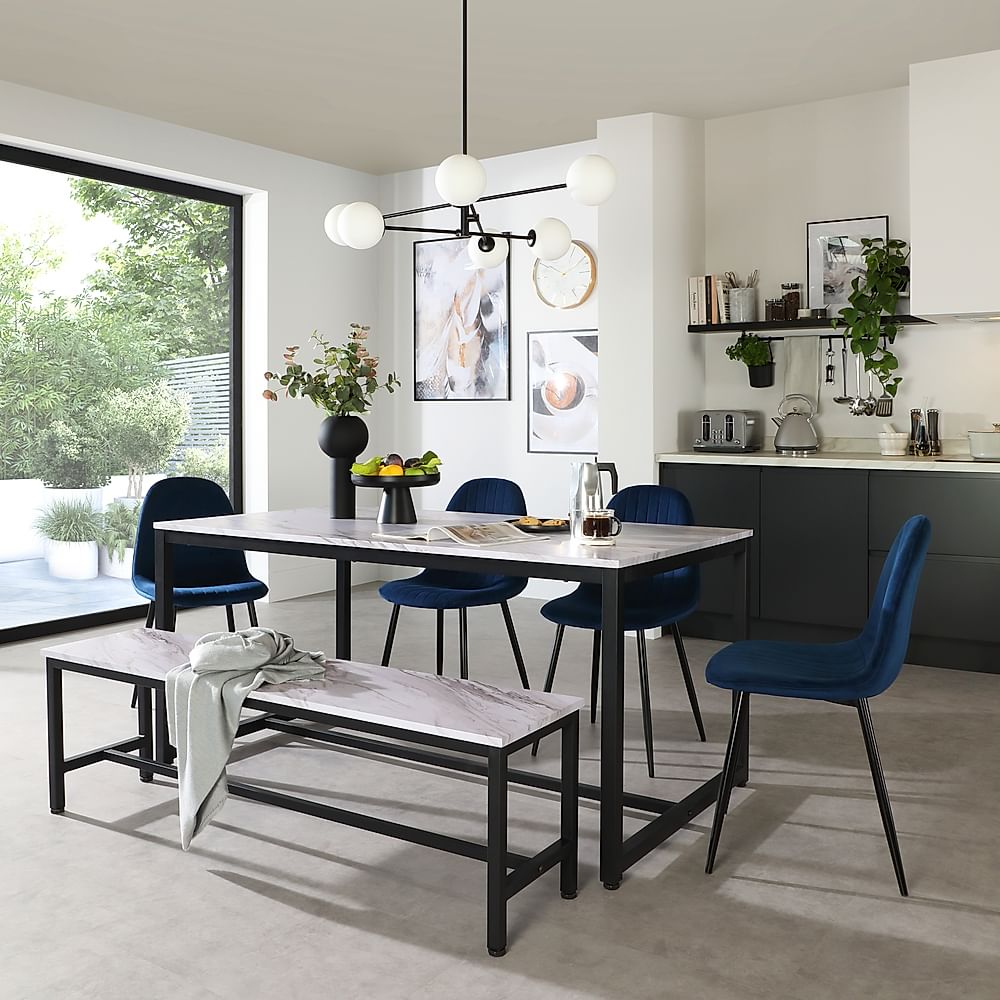Avenue Dining Table, Bench & 2 Brooklyn Chairs, Grey Marble Effect & Black Steel, Blue Classic Velvet, 160cm