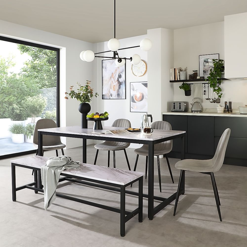 Avenue Dining Table, Bench & 4 Brooklyn Chairs, Grey Marble Effect & Black Steel, Grey Classic Velvet, 160cm