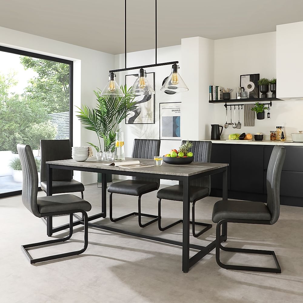 Avenue Industrial Dining Table & 6 Perth Chairs, Grey Concrete Effect & Black Steel, Vintage Grey Classic Faux Leather, 160cm