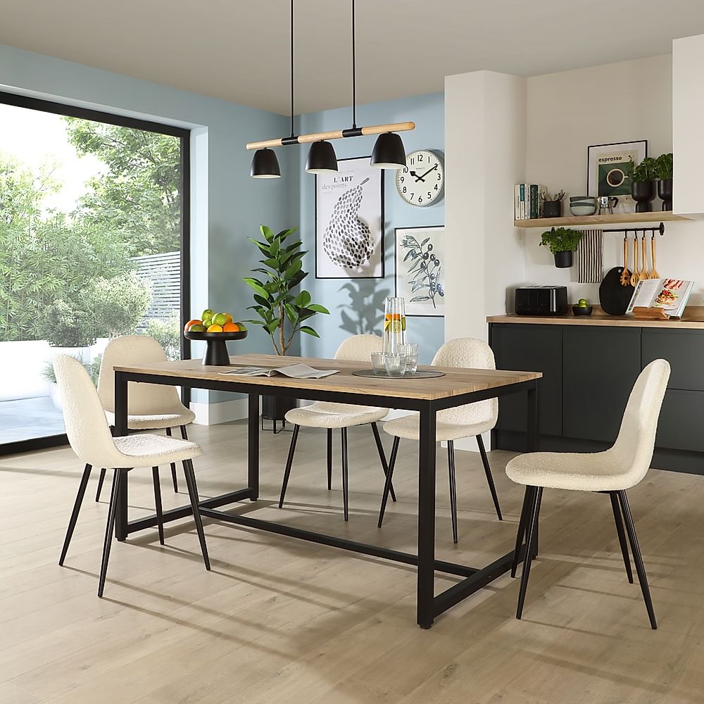 Avenue Dining Table & 6 Brooklyn Chairs, Natural Oak Effect & Black Steel, Ivory Boucle Fabric, 160cm