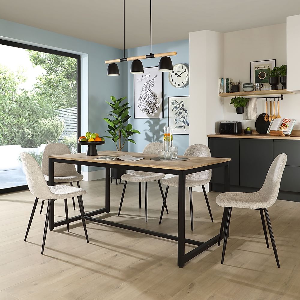 Avenue Dining Table & 6 Brooklyn Chairs, Natural Oak Effect & Black Steel, Light Grey Boucle Fabric, 160cm