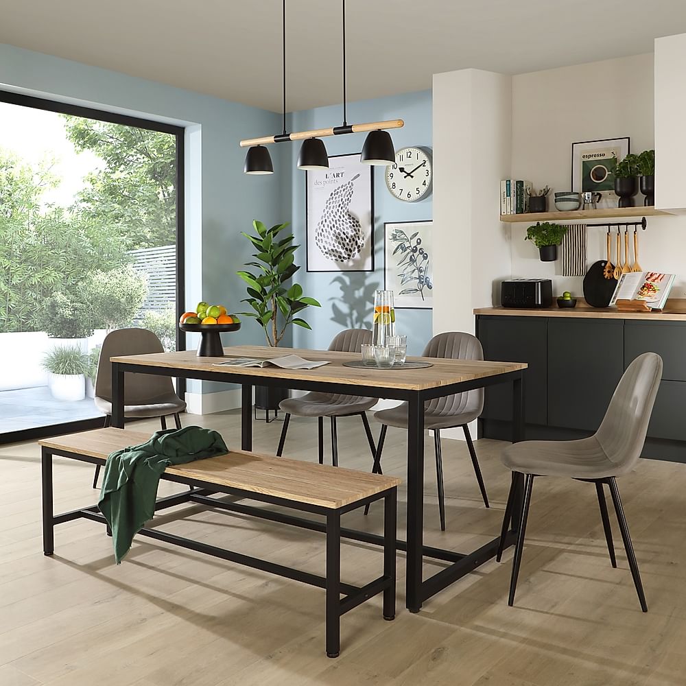 Avenue Dining Table, Bench & 4 Brooklyn Chairs, Natural Oak Effect & Black Steel, Grey Classic Velvet, 160cm