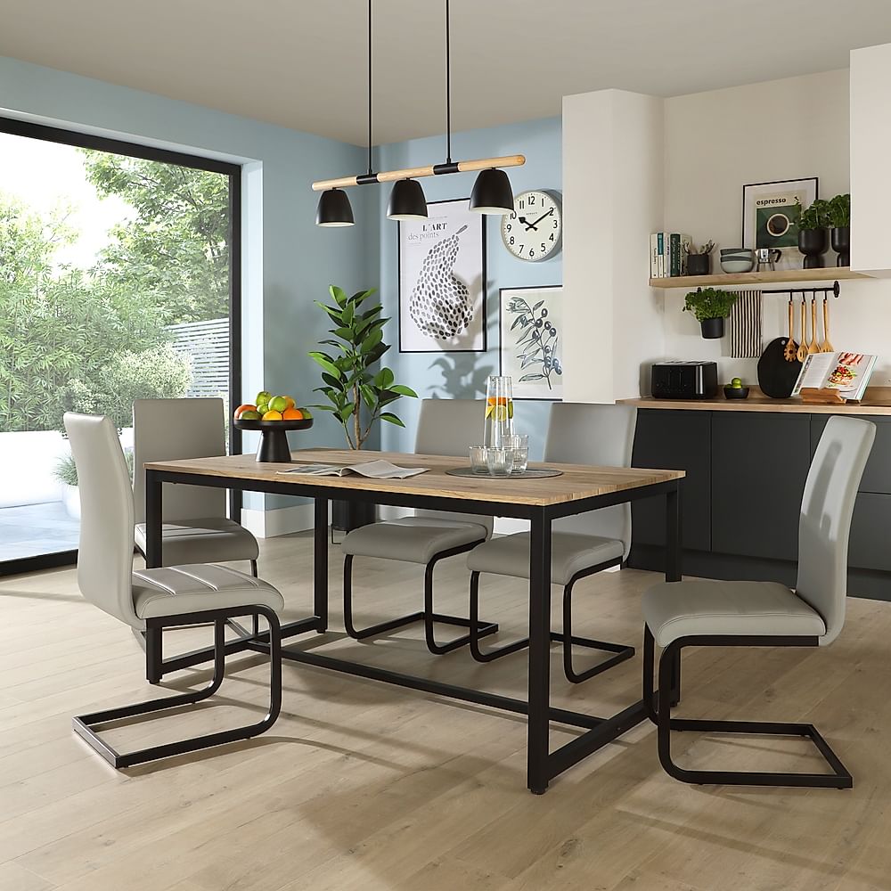 Avenue Dining Table & 6 Perth Chairs, Natural Oak Effect & Black Steel, Light Grey Classic Faux Leather, 160cm