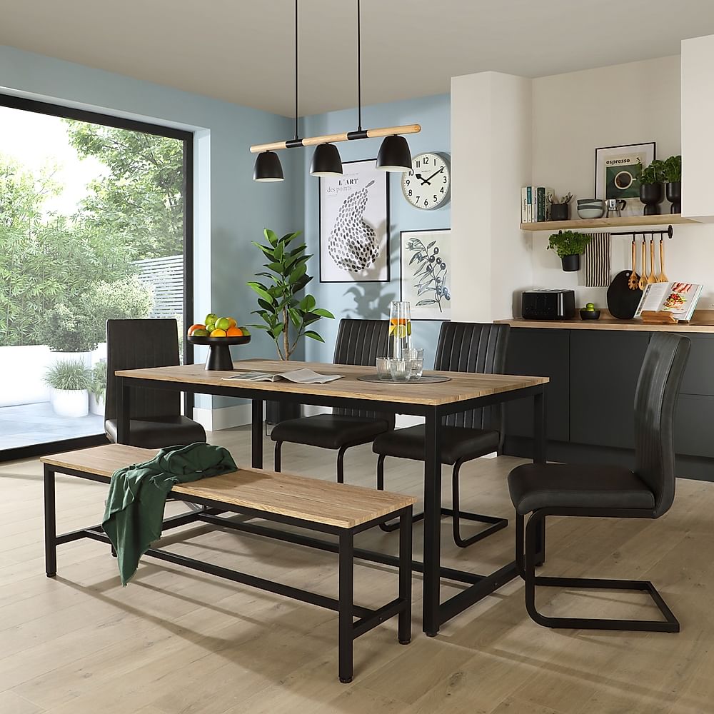 Avenue Dining Table, Bench & 2 Perth Chairs, Natural Oak Effect & Black Steel, Vintage Grey Classic Faux Leather, 160cm