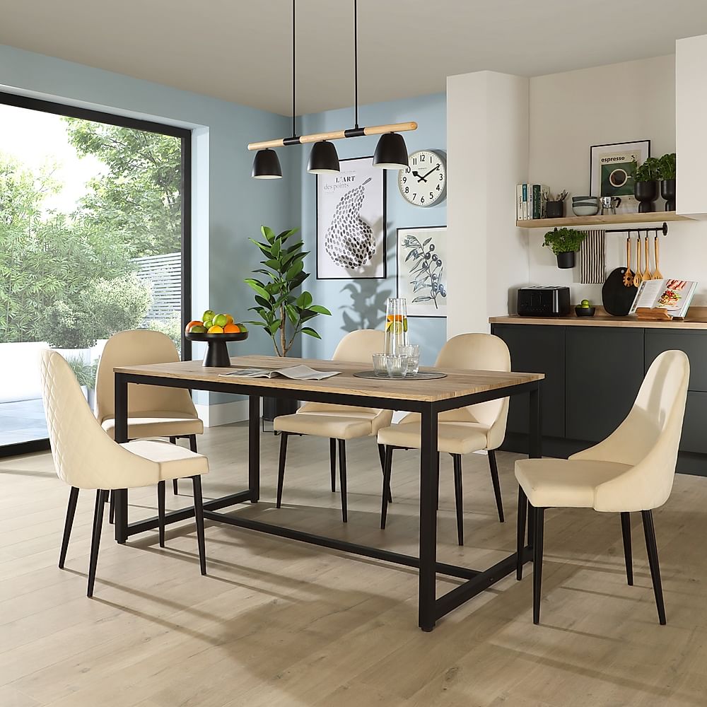 Avenue Dining Table & 4 Ricco Chairs, Natural Oak Effect & Black Steel, Ivory Classic Plush Fabric, 160cm