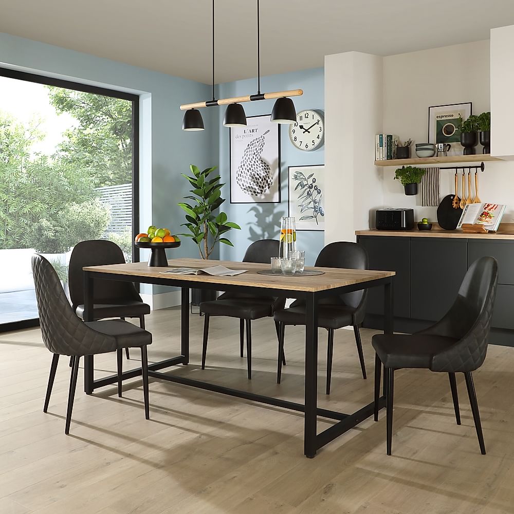 Avenue Dining Table & 4 Ricco Chairs, Natural Oak Effect & Black Steel, Vintage Grey Premium Faux Leather, 160cm