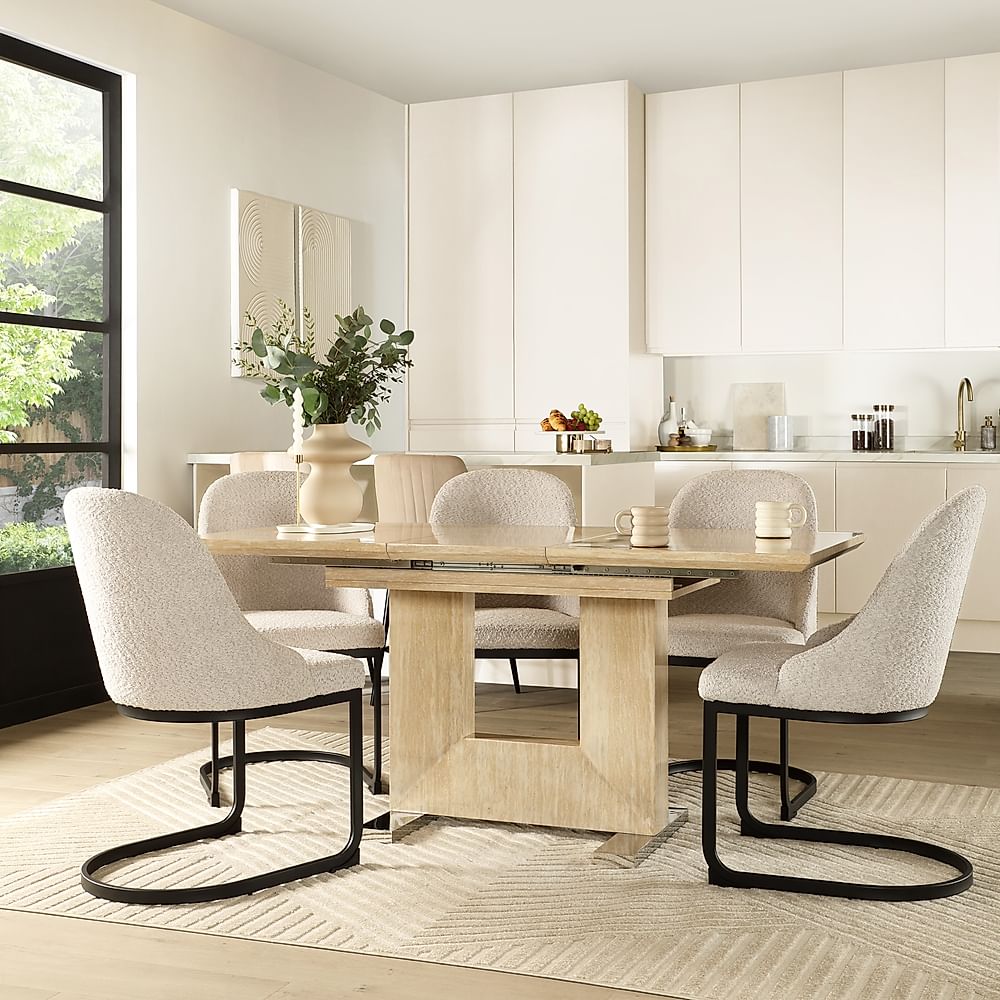 Florence Extending Dining Table & 4 Riva Chairs, Travertine Stone Effect, Light Grey Boucle Fabric & Black Steel, 120-160cm
