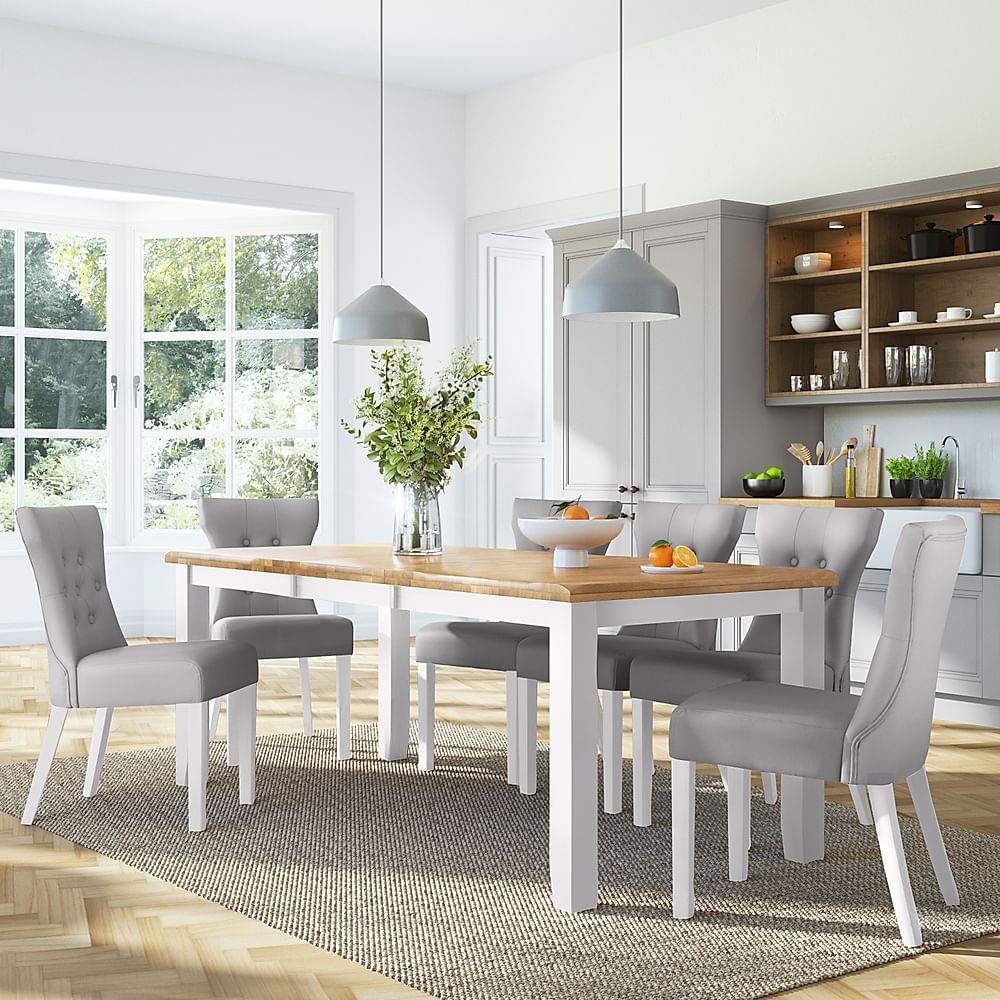 Highbury Extending Dining Table & 8 Bewley Chairs, Natural Oak Finish & White Solid Hardwood, Light Grey Premium Faux Leather, 150-200cm