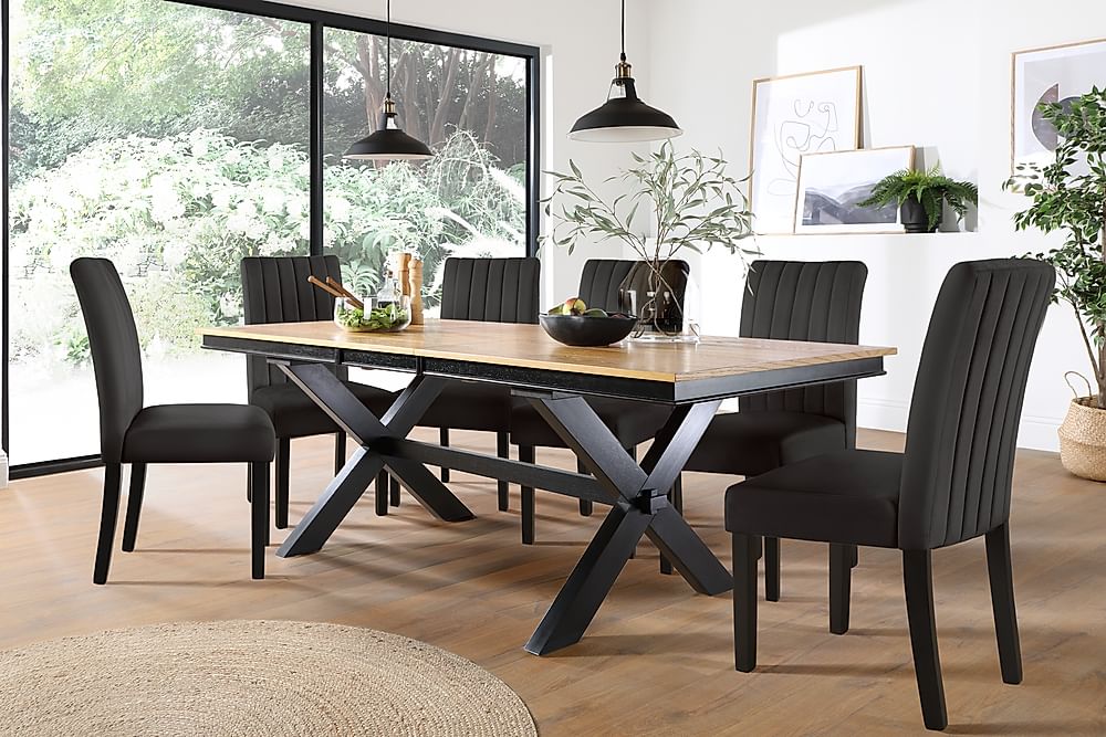 Grange Extending Dining Table & 4 Salisbury Chairs, Natural Oak Veneer & Black Solid Hardwood, Black Classic Velvet, 180-220cm