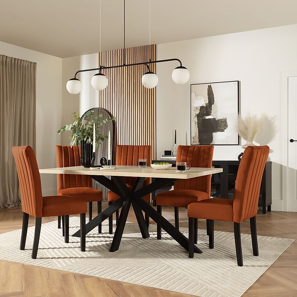 Madison Dining Table & 4 Salisbury Chairs, Light Oak Effect & Black Steel, Burnt Orange Classic Velvet & Black Solid Hardwood, 160cm