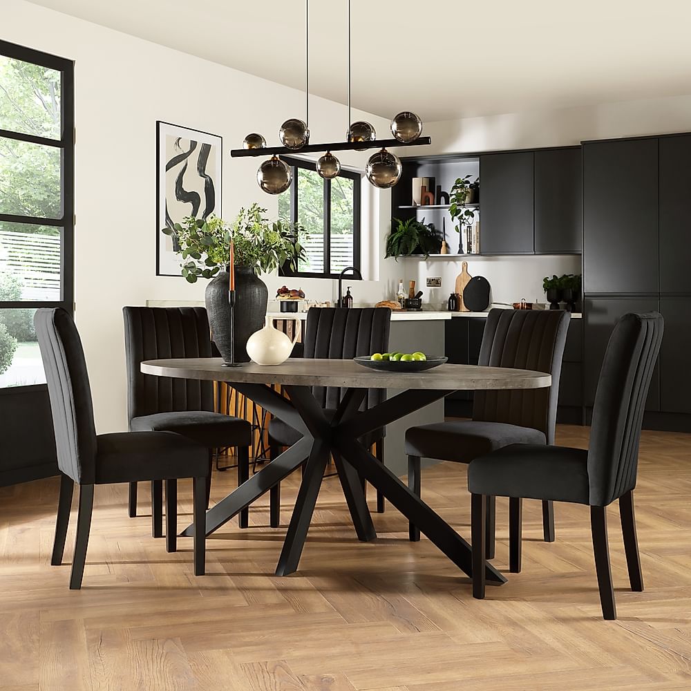 Madison Oval Industrial Dining Table & 4 Salisbury Chairs, Grey Concrete Effect & Black Steel, Black Classic Velvet & Black Solid Hardwood, 180cm