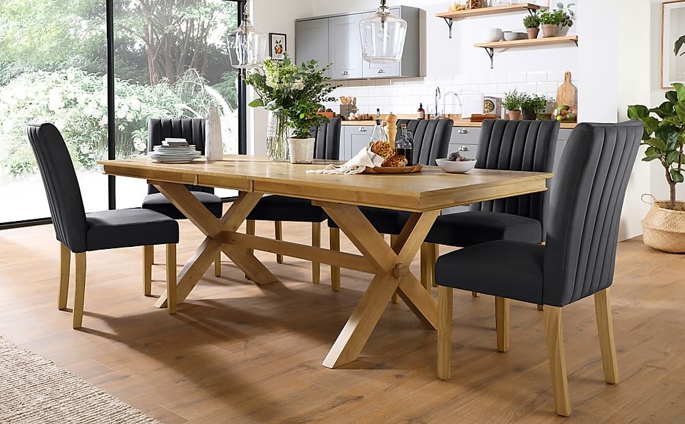 Grange Extending Dining Table & 4 Salisbury Chairs, Natural Oak Veneer & Solid Hardwood, Slate Grey Classic Plush Fabric & Natural Oak Finished Solid Hardwood, 180-220cm