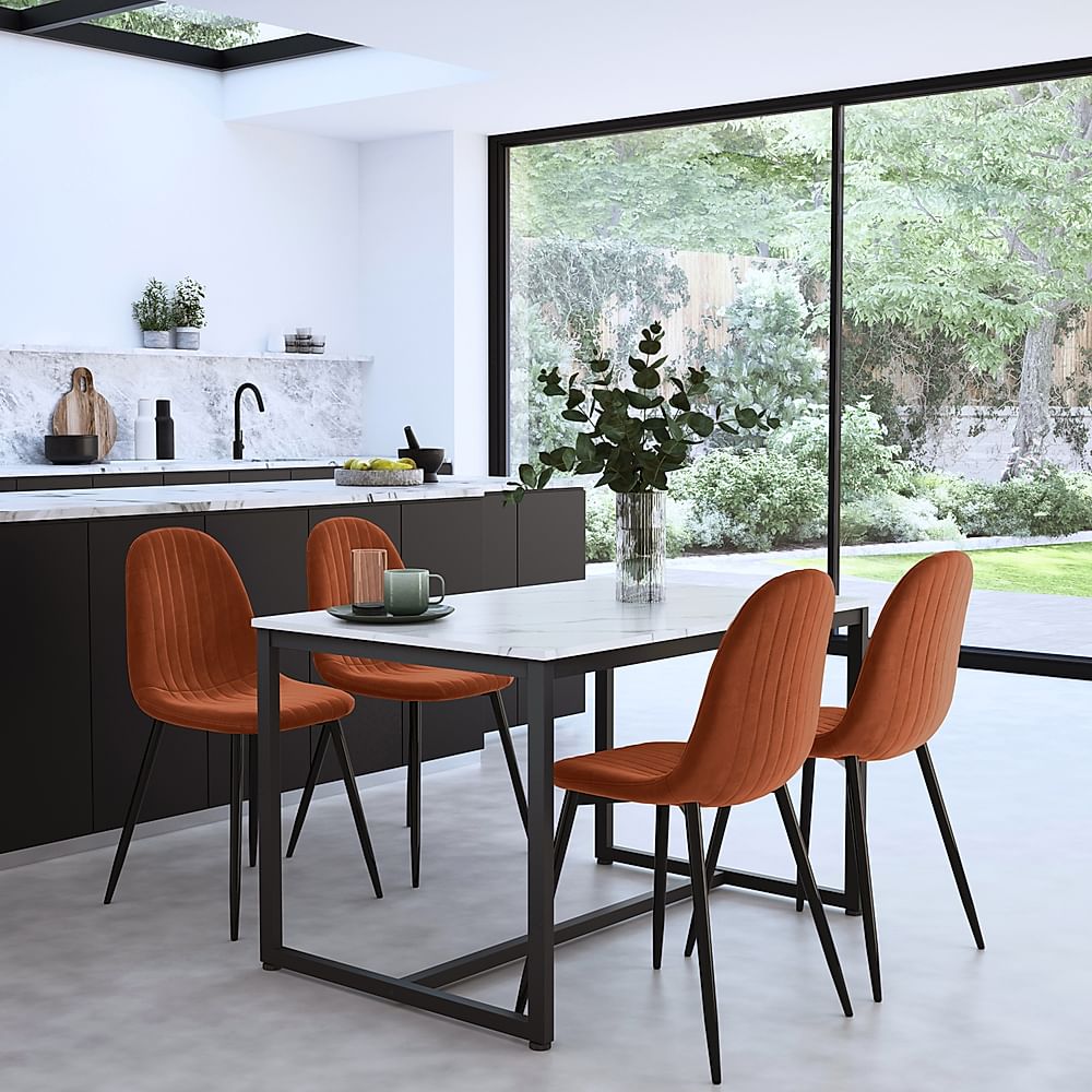 Avenue Dining Table & 4 Brooklyn Chairs, White Marble Effect & Black Steel, Burnt Orange Classic Velvet, 120cm