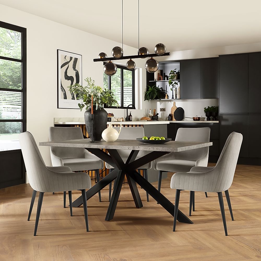 Madison Industrial Dining Table & 4 Liza Chairs, Grey Concrete Effect & Black Steel, Grey Classic Velvet, 160cm