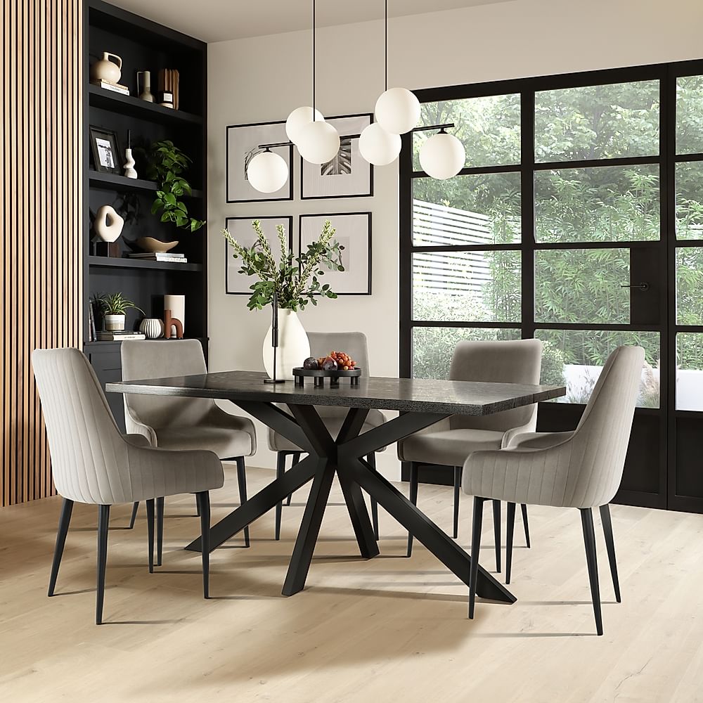 Madison Dining Table & 4 Liza Chairs, Black Oak Effect & Black Steel, Grey Classic Velvet, 160cm
