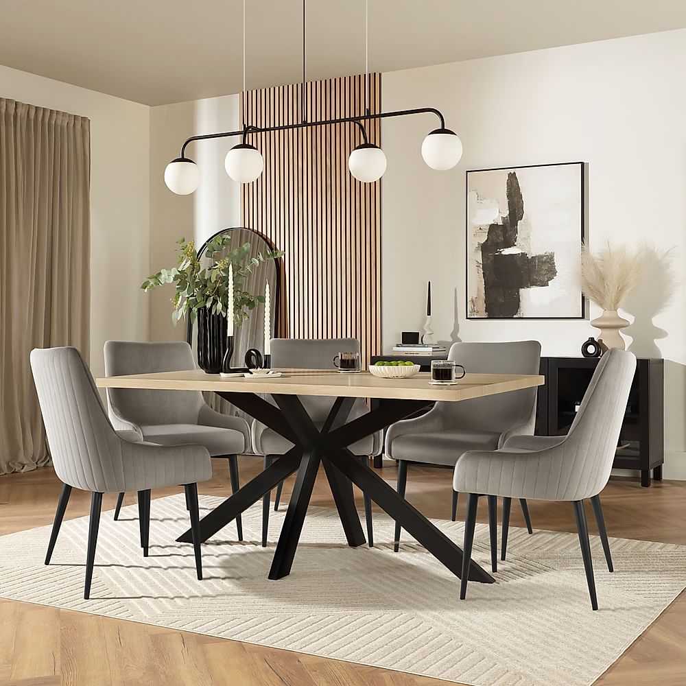 Madison Dining Table & 4 Liza Chairs, Light Oak Effect & Black Steel, Grey Classic Velvet, 160cm