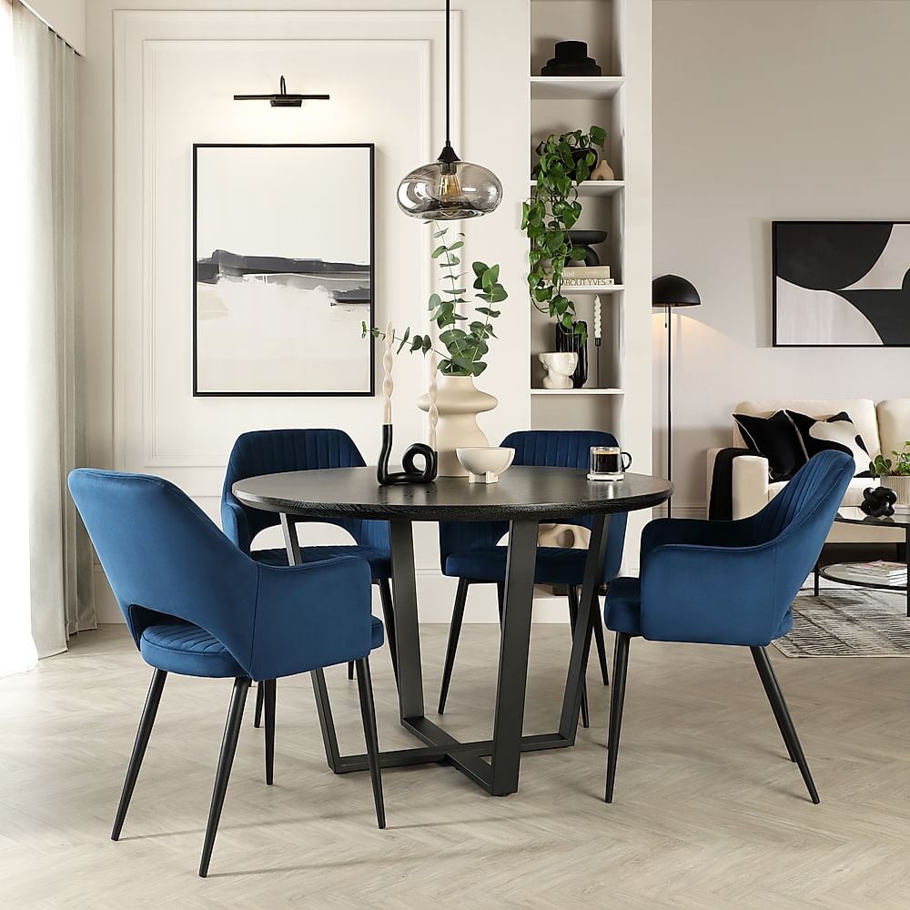 Traviso Round Dining Table & 4 Clara Chairs, Black Oak Effect & Black Steel, Blue Classic Velvet, 120cm