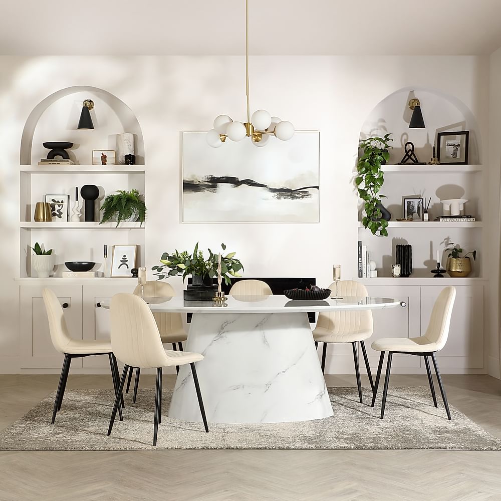 Accorto Oval Dining Table & 4 Brooklyn Chairs, White Marble Effect, Ivory Classic Plush Fabric & Black Steel, 200cm