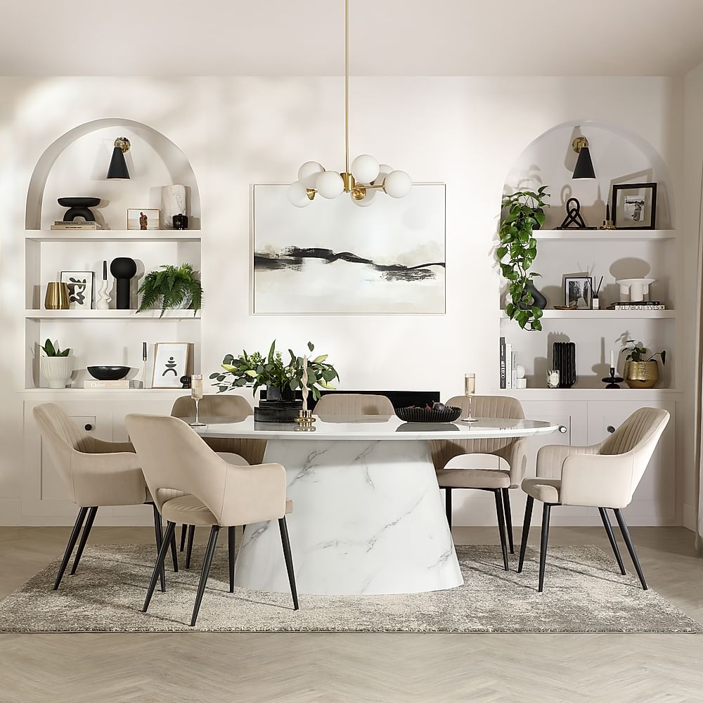 Accorto Oval Dining Table & 4 Clara Chairs, White Marble Effect, Champagne Classic Velvet & Black Steel, 200cm