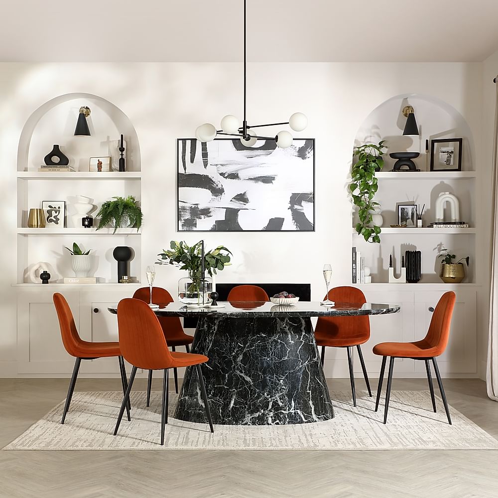 Accorto Oval Dining Table & 6 Brooklyn Chairs, Black Marble Effect, Burnt Orange Classic Velvet & Black Steel, 200cm